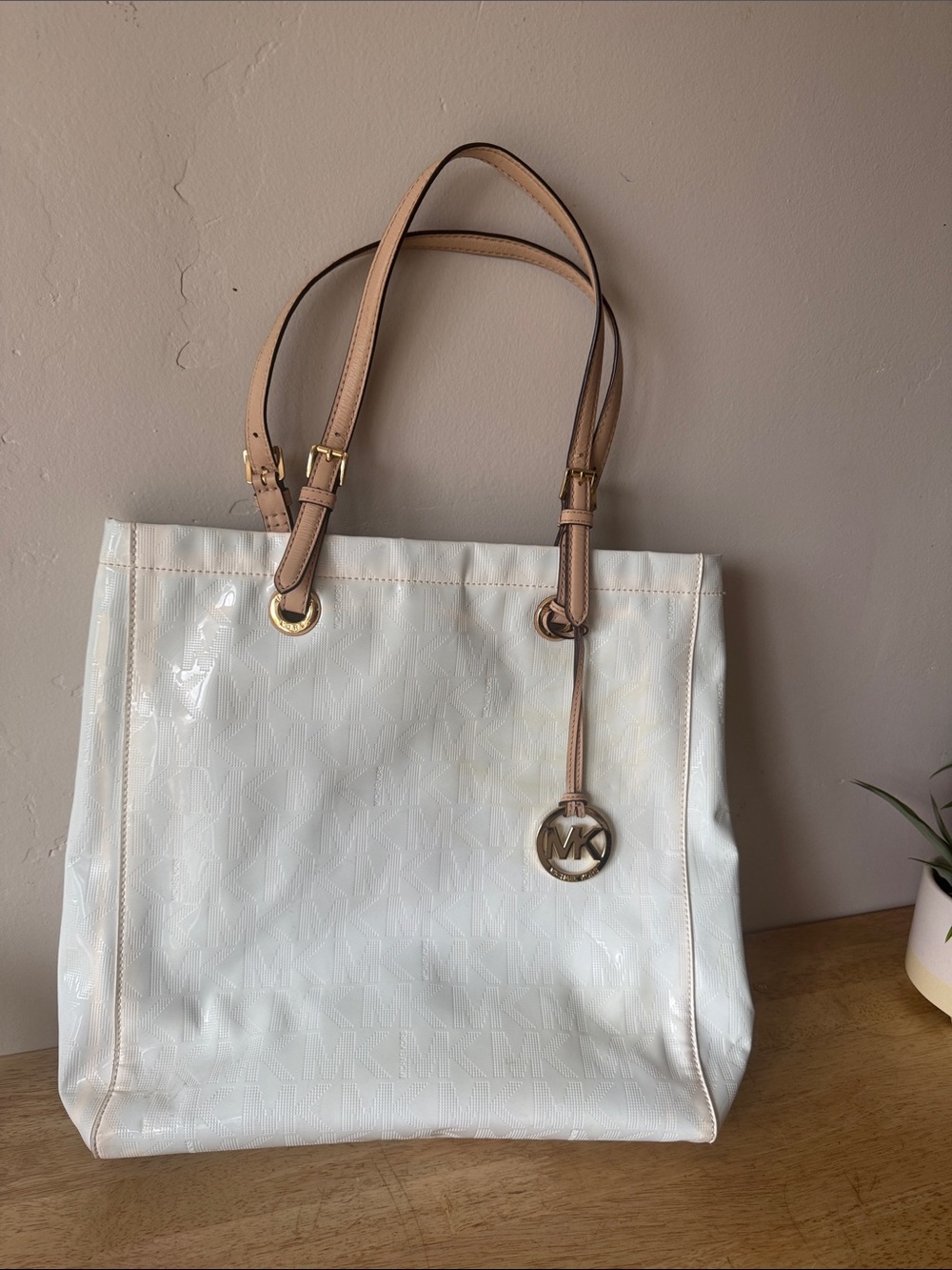 Michael Kors White Patent Tote with Tan Straps